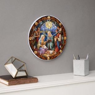 Reloj Redondo Grande Vidriera de la Natividad de Navidad