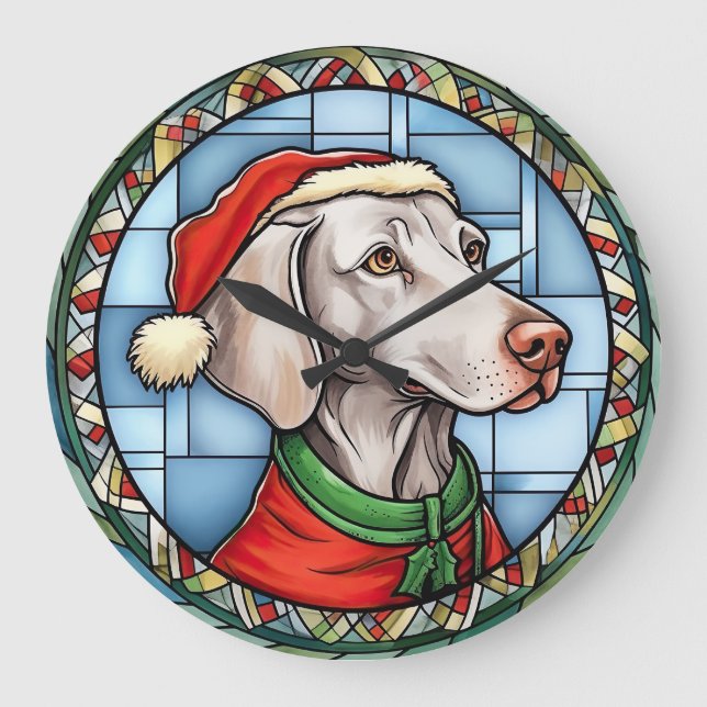 Reloj Redondo Grande Vidriera de Navidad Weimaraner (Anverso)