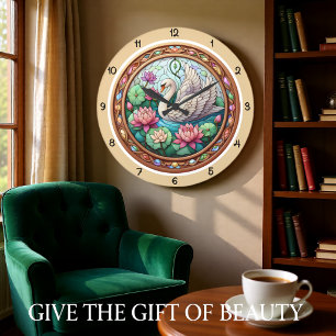Reloj Redondo Grande Vidrio de colores de loto cisne sereno