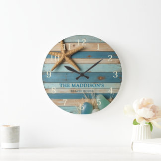 Reloj Redondo Grande Vidrio de Mar y Madera de Playa Náutico - Azul Tur