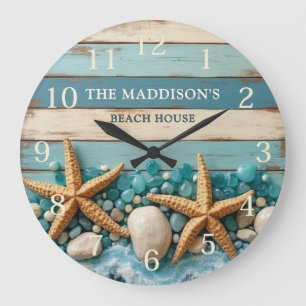 Reloj Redondo Grande Vidrio de Mar y Madera de Playa Náutico - Azul Tur