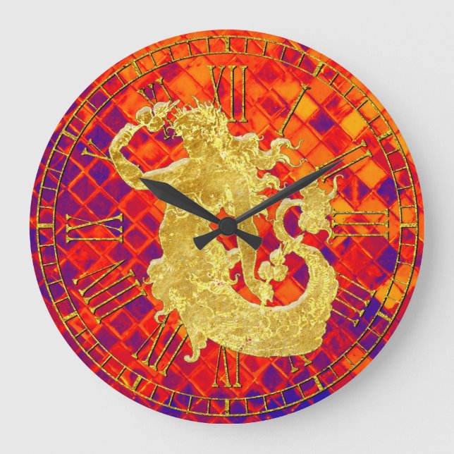 Reloj Redondo Grande Vidrio dorado Mermaid Sunset Sea Glass (Anverso)