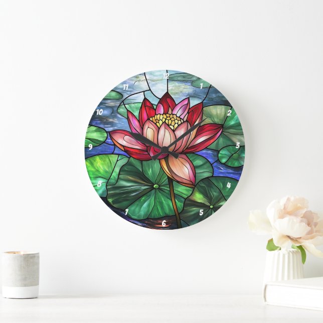 Reloj Redondo Grande Vidrio Manchado De Álbum Floral De Lotus (Hogar)