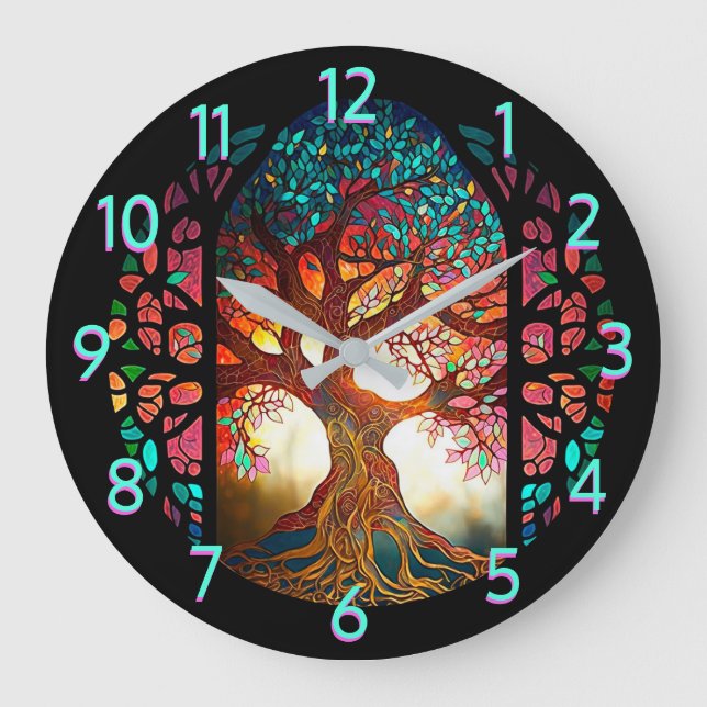 Reloj Redondo Grande Vidrio Manchado en Árbol de Vida (Anverso)