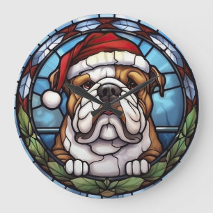Reloj Redondo Grande Vidrio Pintado de Bulldog Navidad