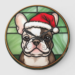 Reloj Redondo Grande Vidrio Pintado de Navidad de Bulldog Francés