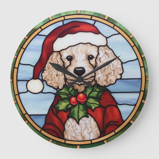 Reloj Redondo Grande Vidrio Pintado de Navidad de Caniche (Anverso)