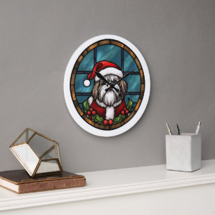 Reloj Redondo Grande Vidrio Pintado de Navidad Shih Tzu