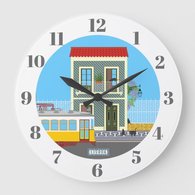 Reloj Redondo Grande Vieja casa de Lisboa con gatos y tranvía amarillo (Anverso)