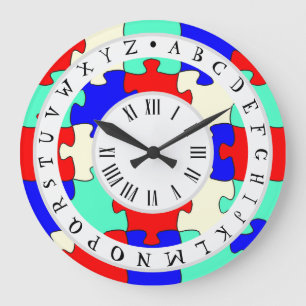 Reloj Redondo Grande Viñeta roja, azul y blanco y alfabeto inglés