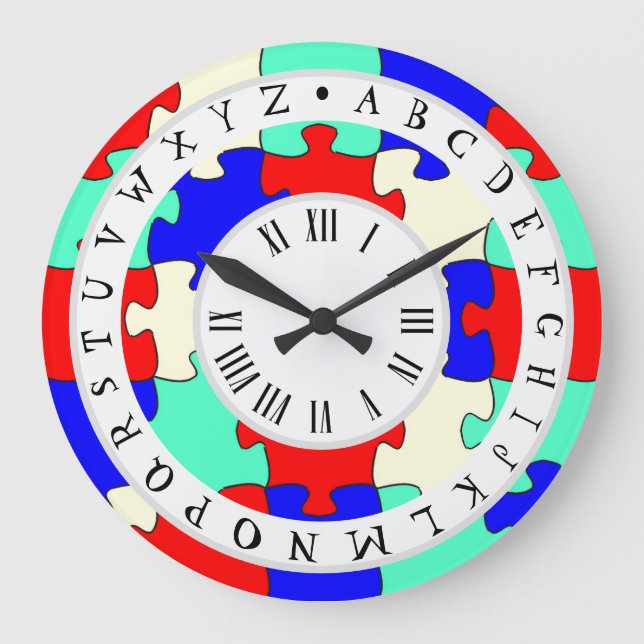 Reloj Redondo Grande Viñeta roja, azul y blanco y alfabeto inglés (Anverso)