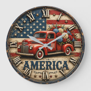 Reloj Redondo Grande Vintage America Rustic USA Flag Pickup Truck Farm