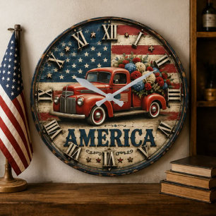 Reloj Redondo Grande Vintage America Rustic USA Flag Pickup Truck Farm