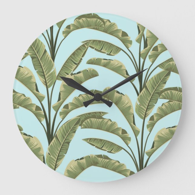 Reloj Redondo Grande Vintage Banana Leaves: Tropical Seamless. (Anverso)