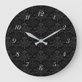 Reloj Redondo Grande Vintage Black Gray Damask Pattern With Numbers