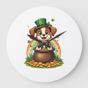 Reloj Redondo Grande Vintage Cachorro Lucky Leprechaun Arcoíris Olla de