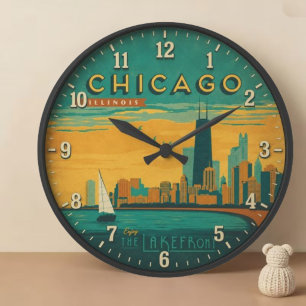 Reloj Redondo Grande Vintage Chicago Skyline Lakefront Art