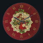 Reloj Redondo Grande Vintage Christmas Children | Red Floral Background<br><div class="desc">Richly textured Victorian era design featuring two children in a lacy cut-out frame embellished with Christmas holly, custom gold Roman numeral dial on glowing burgandy embossed style floral background. Note: Sculpted, engraved, embossed and dimensional effects, layered, aged or eroded appearance, textures and shadows achieved digitally. Actual product has a smooth...</div>