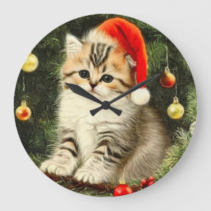Reloj Redondo Grande Vintage Christmas Kitten