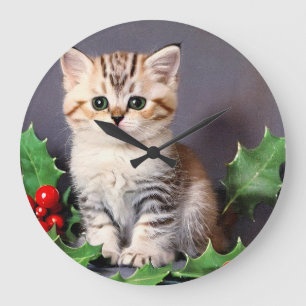 Reloj Redondo Grande Vintage Christmas Kitten and Holly