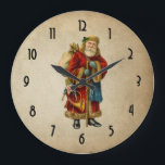 Reloj Redondo Grande Vintage Christmas Old World Santa Claus<br><div class="desc">A clock with a vintage Old World Christmas Santa Claus. Classic old world santa, wearing his famous red coat and carrying a bag full of toys. This old-fashioned Santa, is slim and holds a walking stick for travelling throughout the land gifting toys to all the girls and boys. Old parchment...</div>