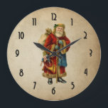 Reloj Redondo Grande Vintage Christmas Old World Santa Claus<br><div class="desc">A clock with a vintage Old World Christmas Santa Claus. Classic old world santa, wearing his famous red coat and carrying a bag full of toys. This old-fashioned Santa, is slim and holds a walking stick for travelling throughout the land gifting toys to all the girls and boys. Old parchment...</div>