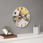 Reloj Redondo Grande Vintage Christmas Tree on a Snowley Winter Road<br><div class="desc">Ilustracion Vintage Diseño navideño de Feliz Navidad con una carretera cubierta de nieve durante la temporada invernal. Una familia está trayendo a casa un pino recién cortado o un árbol navideño de abetos en un trineo tirado por un caballo.</div>