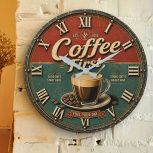 Reloj Redondo Grande Vintage Coffee First Bar Kitchen Decor
