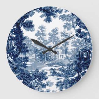 Reloj Redondo Grande Vintage Cottage Paisaje Toile-Blue & White