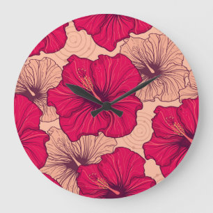 Reloj Redondo Grande Vintage de las flores de hibiscus dibujadas a mano