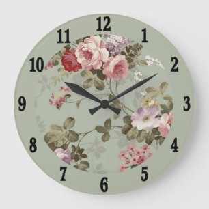 Reloj Redondo Grande Vintage Dusty Olive Green Floral Design