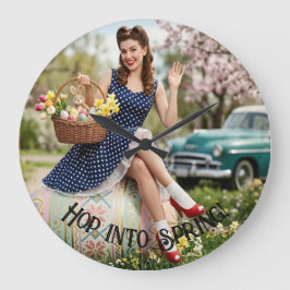 Reloj Redondo Grande Vintage Easter Pin-Up Clock | Retro Girl Art