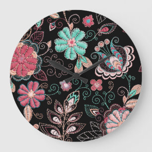 Reloj Redondo Grande Vintage Floral Embroidery Dark Pattern