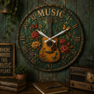 Reloj Redondo Grande Vintage Floral Guitar Rustic Acoustic Music 