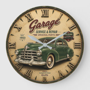Reloj Redondo Grande Vintage Garage Service & Repair Classic Green Car