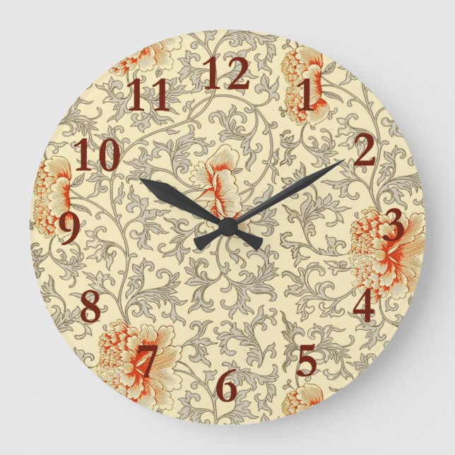 Reloj Redondo Grande Vintage Gris Gris Gris Botánico Floral (Anverso)