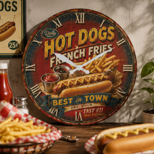 Reloj Redondo Grande Vintage Hot Dogs & French Fries
