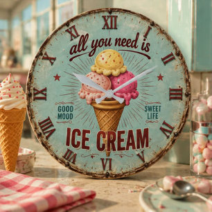 Reloj Redondo Grande Vintage Ice Cream Retro Kitchen