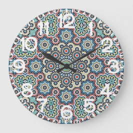 Reloj Redondo Grande Vintage Marroquí Geométrico Floral Azul y Verde