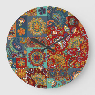 Reloj Redondo Grande Vintage Paisley Mandala Colorido Parche