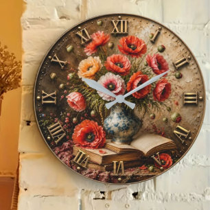 Reloj Redondo Grande Vintage Poppy Bouquet Floral Library Cottage Decor