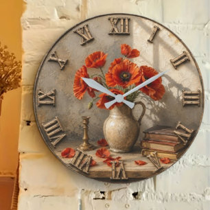 Reloj Redondo Grande Vintage Poppy  Rustic Farmhouse Floral Decor