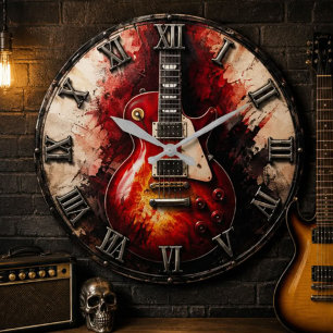 Reloj Redondo Grande Vintage Red Electric Classic Rock Guitar Art