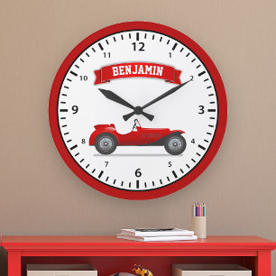 Reloj Redondo Grande Vintage Red Race Car Personalized Name Kids Room