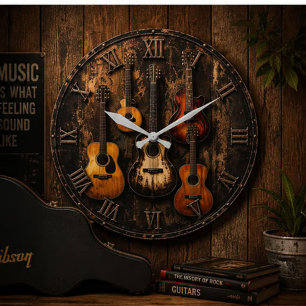 Reloj Redondo Grande Vintage Rustic Acoustic & Electric Guitar Music