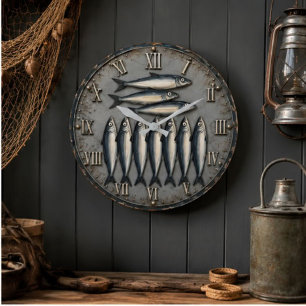 Reloj Redondo Grande Vintage Sardines Coastal Fishing Kitchen