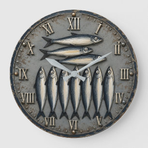 Reloj Redondo Grande Vintage Sardines Coastal Fishing Kitchen