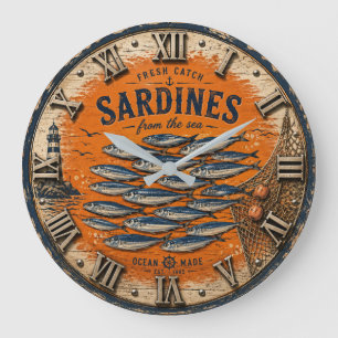 Reloj Redondo Grande Vintage Sardines Coastal Nautical Kitchen