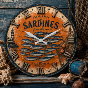 Reloj Redondo Grande Vintage Sardines Coastal Nautical Kitchen