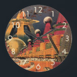 Reloj Redondo Grande Vintage Science Ficción Futurista City Volador Aut<br><div class="desc">Imagen de ficción de ilustracion de viajes y transporte con historietas clásicas retro de ciencia ficción en un entorno urbano con una ciudad del futuro. Los edificios arquitectónicos tienen forma de conos y los vehículos vuelan en el cielo como pájaros mientras las multitudes se mueven a través de la metrópolis....</div>